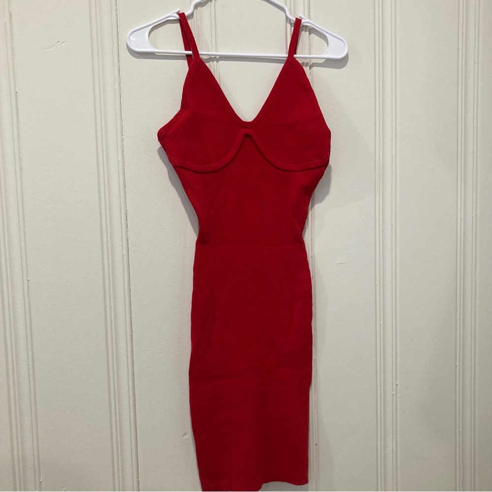 Red midi dress mini cami strap ribbed bodycon